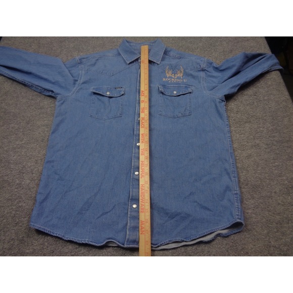 Poncho Denim Shirt Mens L Pearl Snap Regular Fit Casual Outdoor Pockets Cotton - Picture 9 of 12